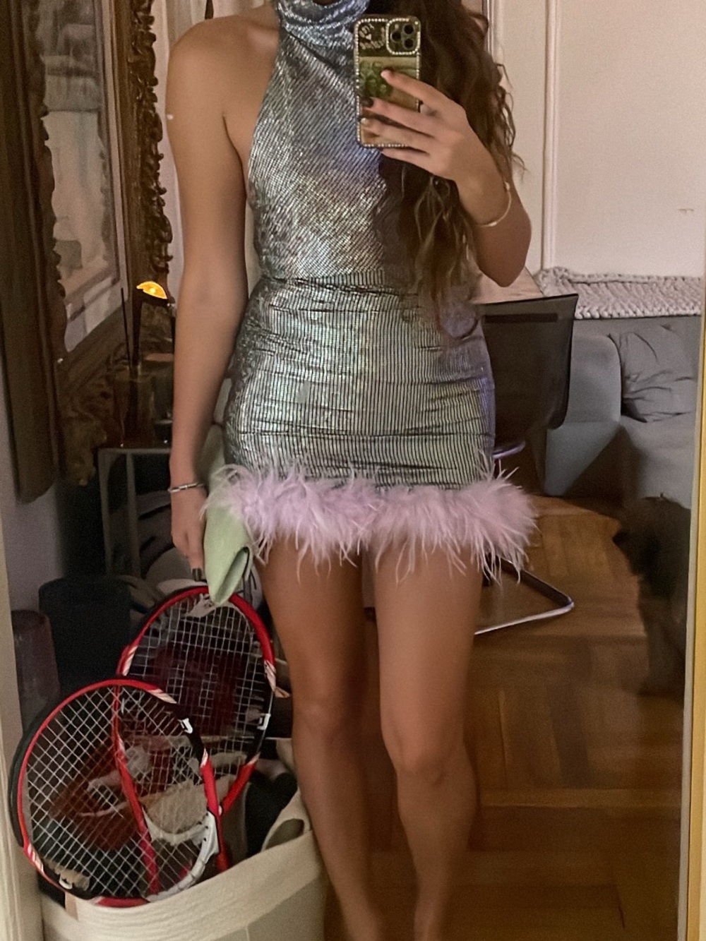Silver Metallic Halter Mini Dress with Pink Feather Trim